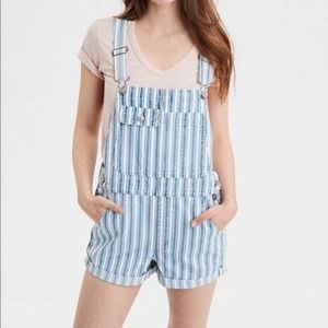 American Eagle White & Blue Striped 100% Cotton Denim Jean Overalls Shortalls L